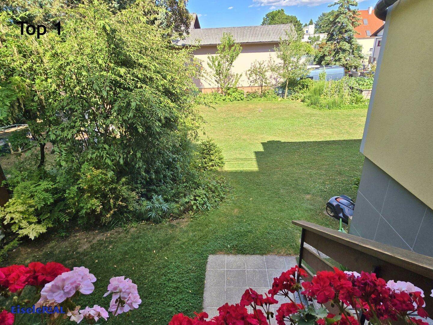 Weitläufiger Garten mit gepflegtem Rasen und altem Baumbestand.