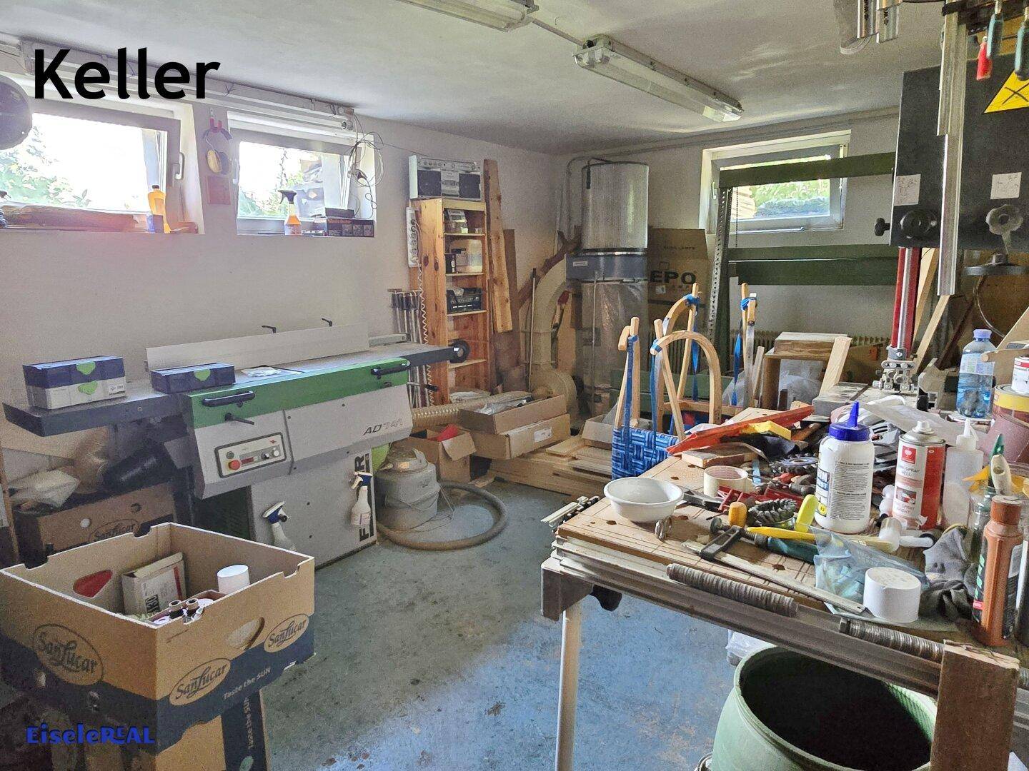 Geräumiger Kellerraum, der als Werkstatt genutzt wird, mit Arbeitsgeräten und Tageslicht durch Fenster.