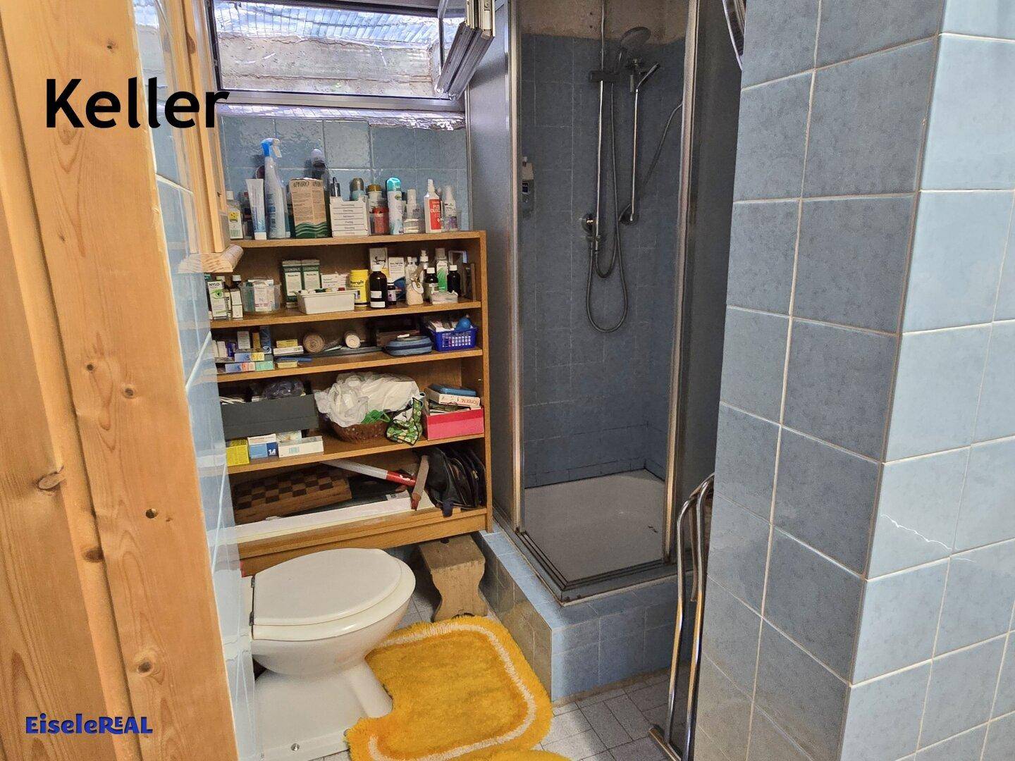 Einfaches Badezimmer im Keller mit blauen Fliesen, einer Duschkabine und einem WC.