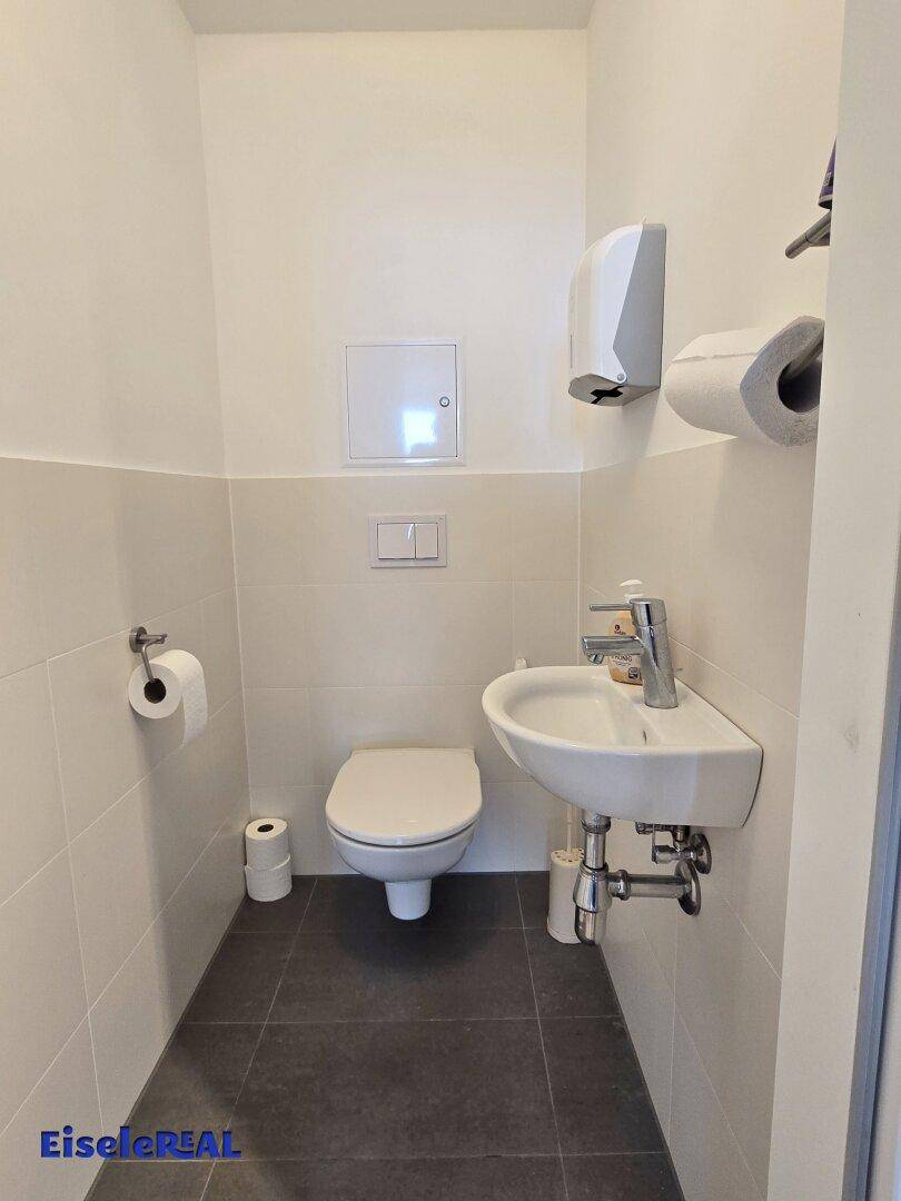 Kleines Gäste-WC mit wandhängender Toilette und Handwaschbecken, modern gefliest.
