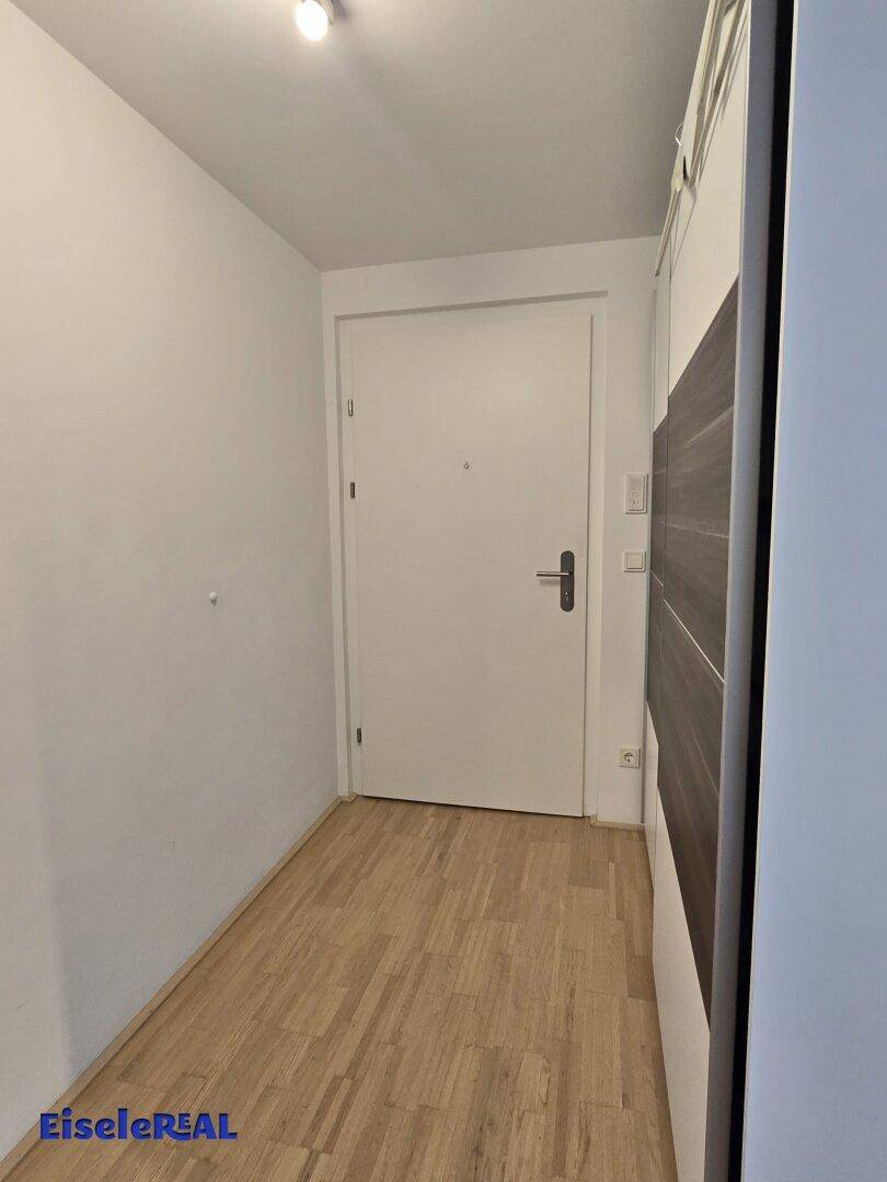Heller Flur mit Holzboden und einer weißen Eingangstür, schlicht und funktional.