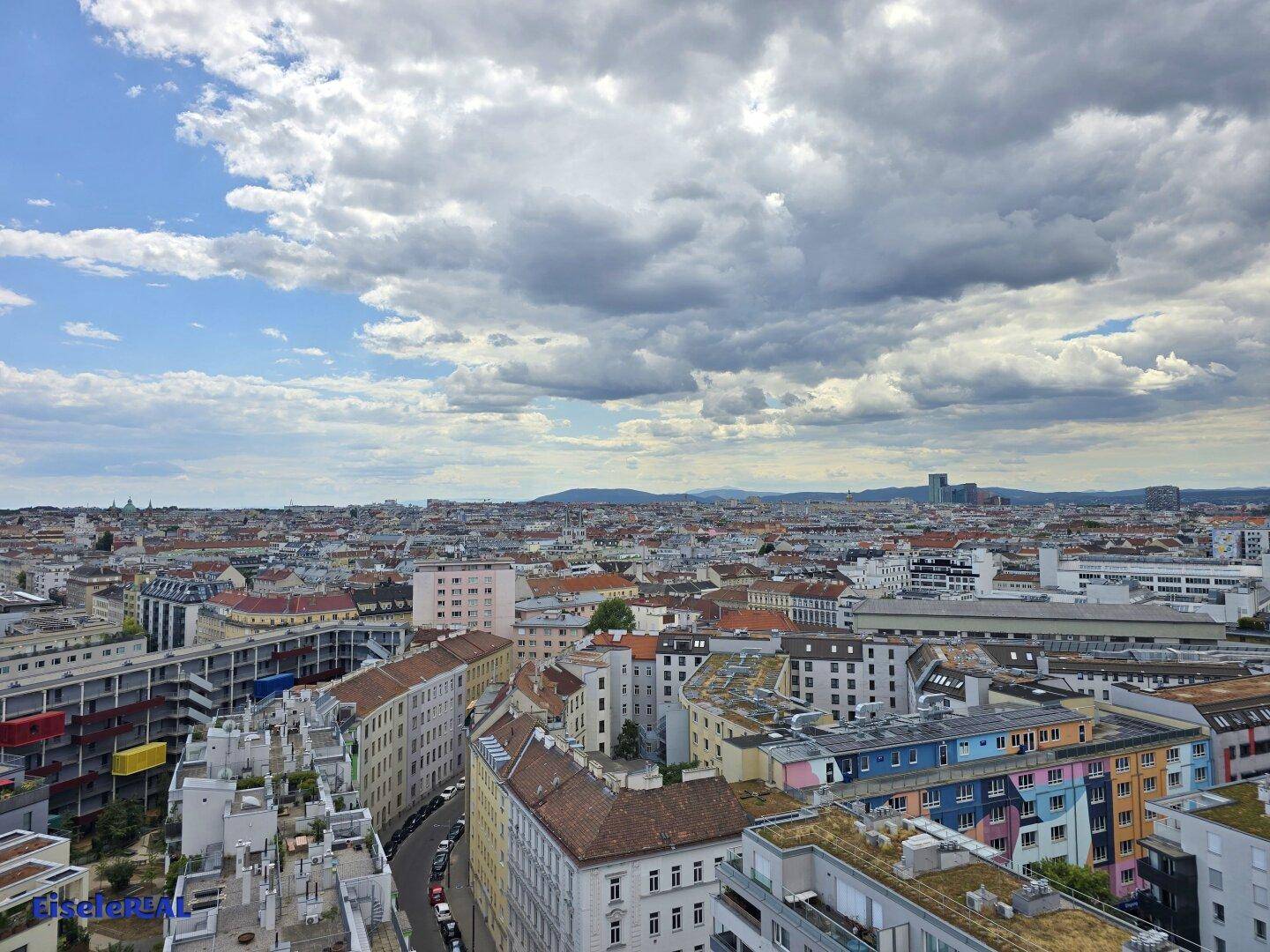 Weitläufiger Panoramablick über die Stadt mit zahlreichen Gebäuden unter bewölktem Himmel.