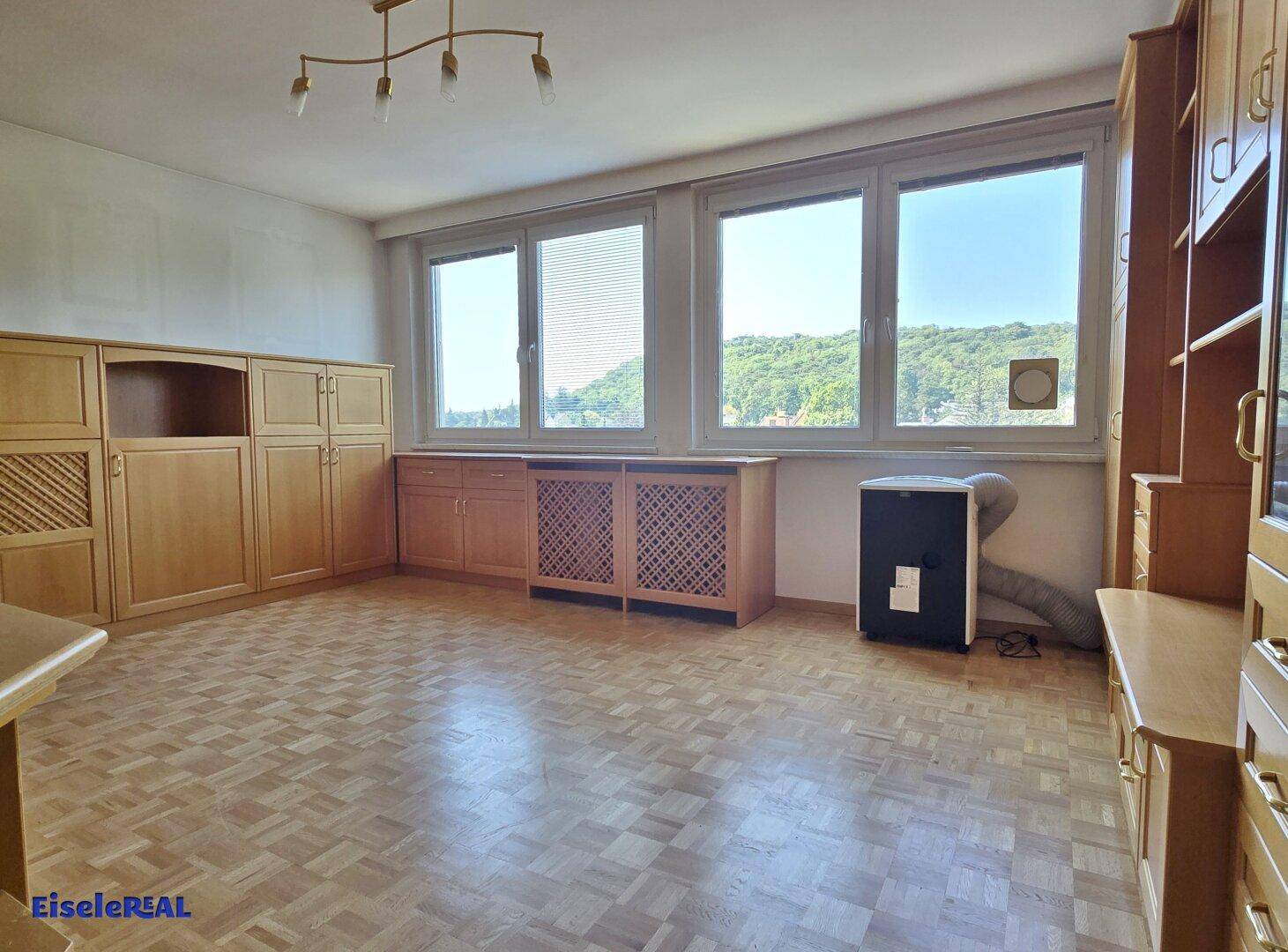 Helles Wohnzimmer mit Parkettboden, großen Fenstern und Blick ins Grüne.