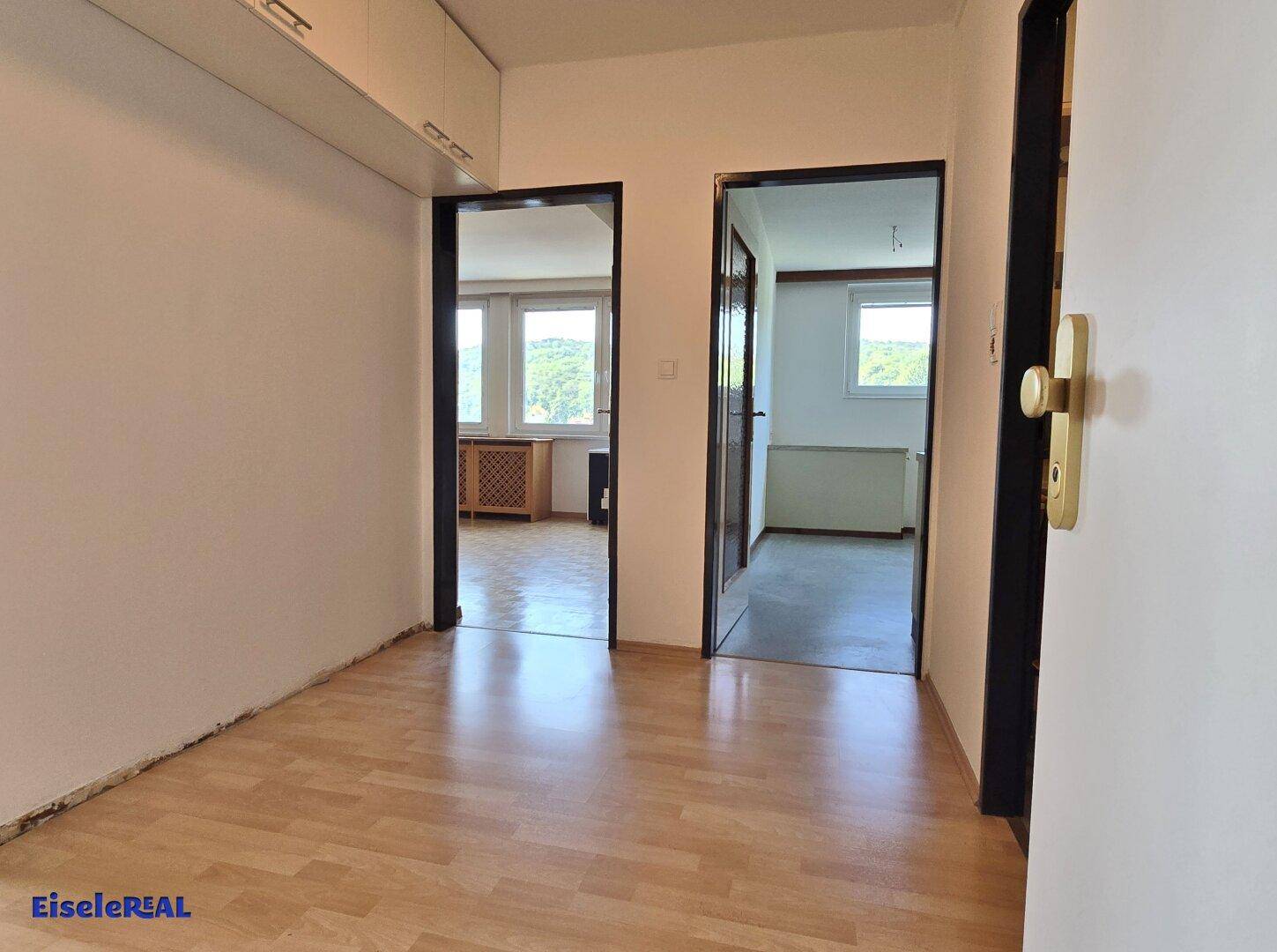 Flur mit Holzboden und Zugang zu verschiedenen Zimmern.