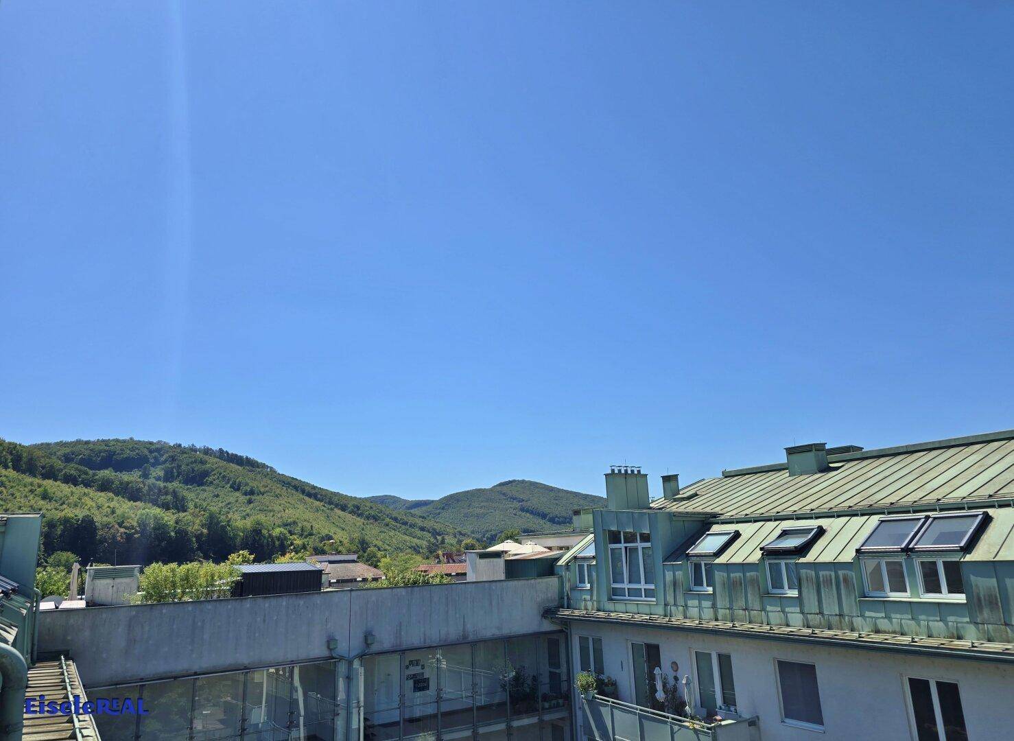 Weitläufiger Blick über Dächer und grüne Hügel unter einem strahlend blauen Himmel.