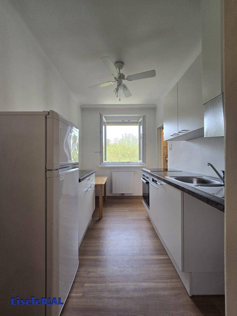 Schmale Küche mit weißen Schränken, Laminatboden und Fenster mit Blick ins Grüne.