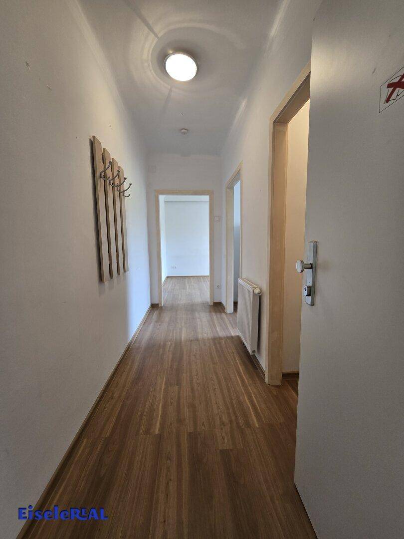 Langer Flur mit Laminatboden, weiß gestrichenen Wänden und Deckenleuchte.