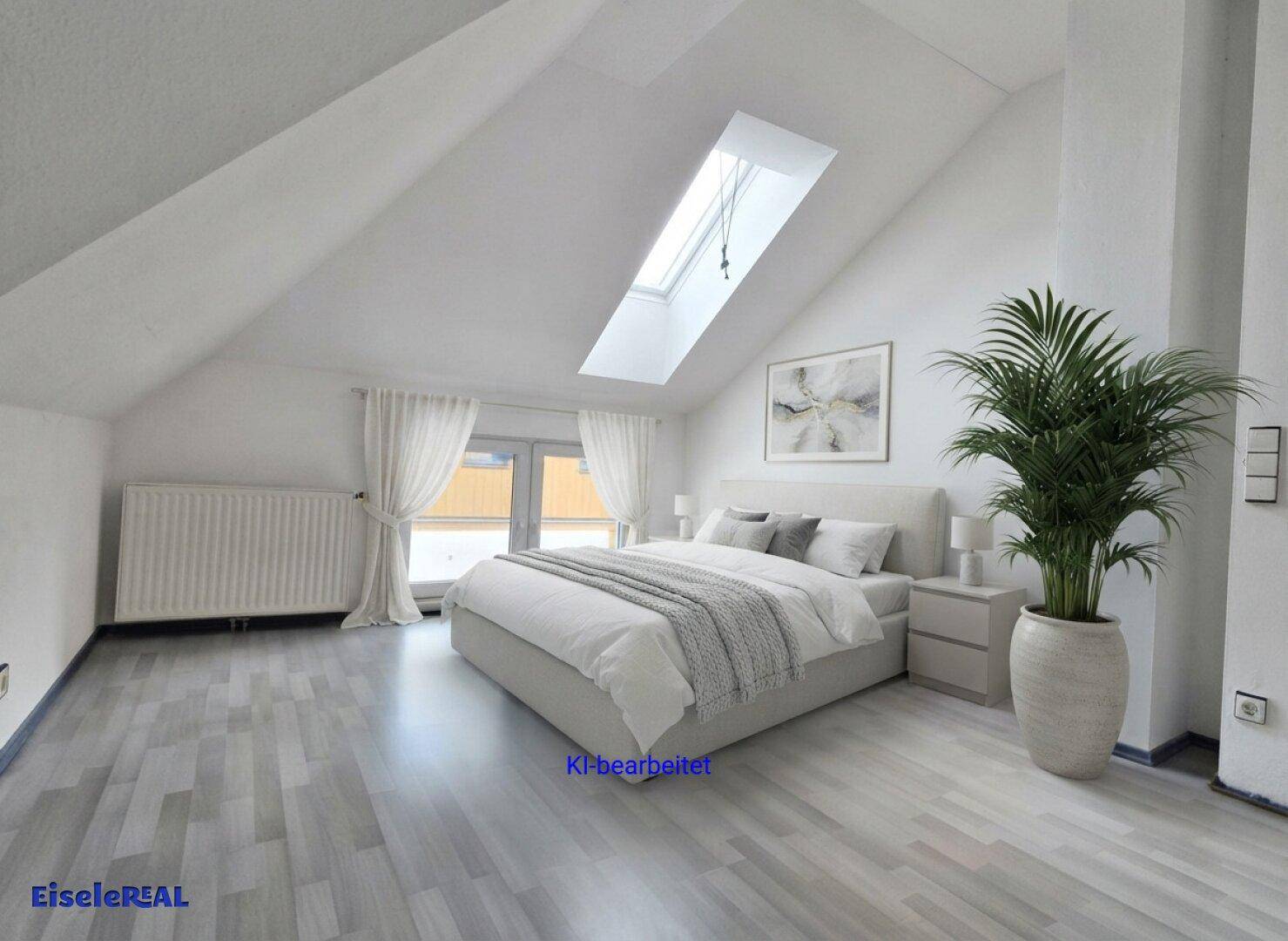 Virtuell inszeniertes Schlafzimmer im Dachgeschoss mit Dachfenster und modernem Bett.
