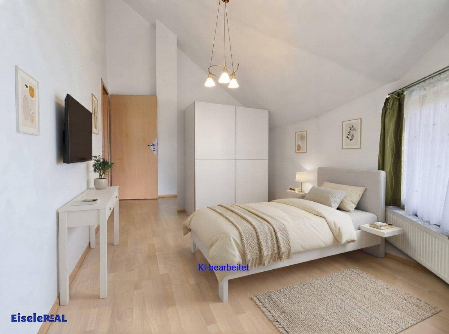 Virtuell inszeniertes Schlafzimmer im Dachgeschoss mit hellem Parkettboden und modernem Bett.