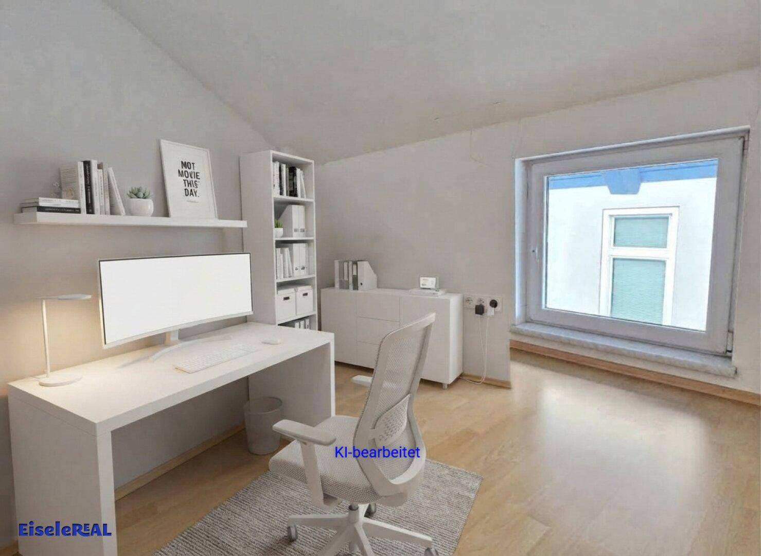 Helles Dachgeschoss-Büro mit modernem Schreibtisch, Regal und einem Fenster mit Blick nach draußen.