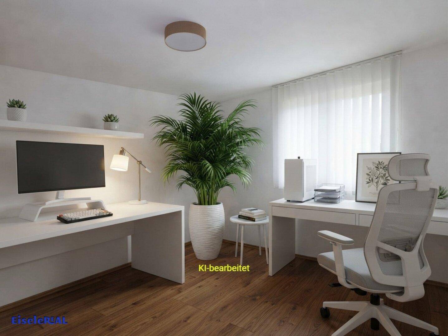 Virtuell inszeniertes Büro mit zwei Schreibtischen, Bürostuhl und großer Zimmerpflanze.