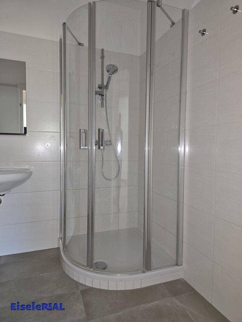 Detaillierte Ansicht der modernen Duschkabine mit Glaswänden und Handbrause im Badezimmer.