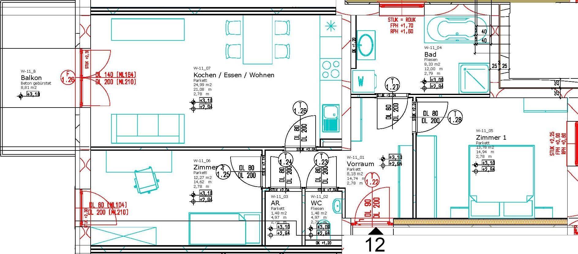 Detaillierter Grundriss einer Wohnung mit offenem Wohn-, Ess- und Kochbereich, Balkon, Bad und separatem WC.