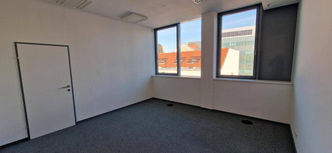 Helles Büro mit Teppichboden, weißen Wänden und zwei großen Fenstern mit Stadtblick.