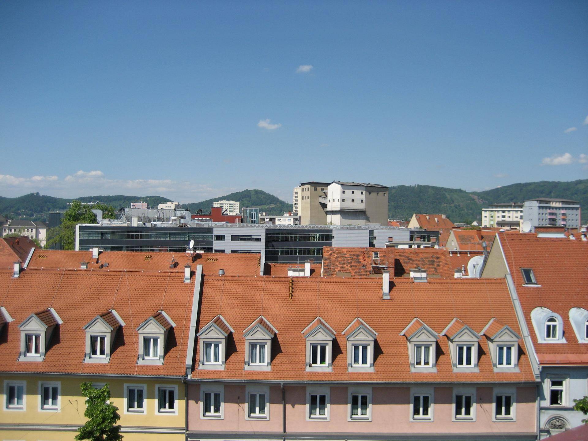 Panoramablick über die Dächer der Stadt mit vielen Gauben und Bergen im Hintergrund.