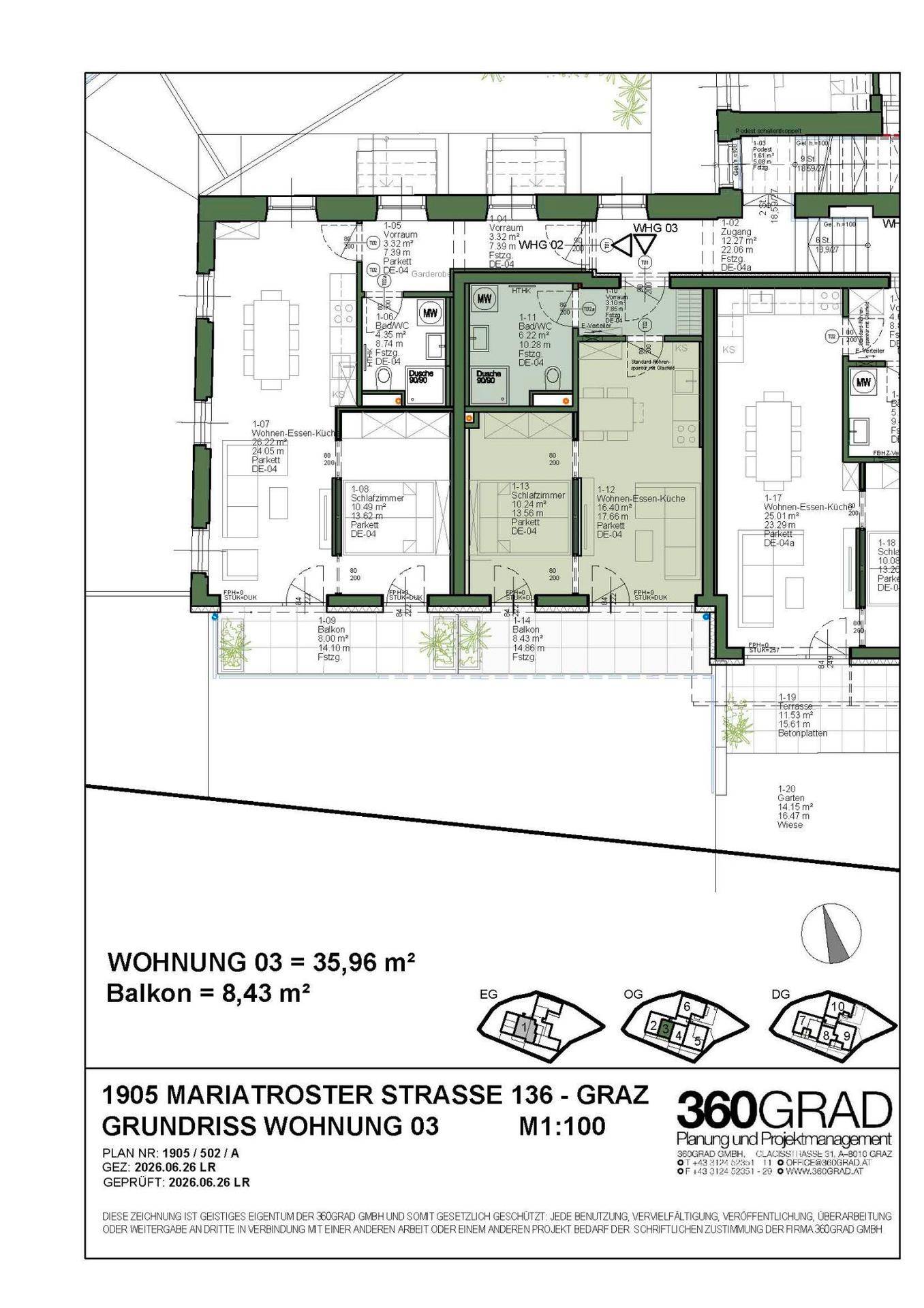 Detaillierter Grundriss der Wohnung 03 mit Balkon und klarer Raumaufteilung.