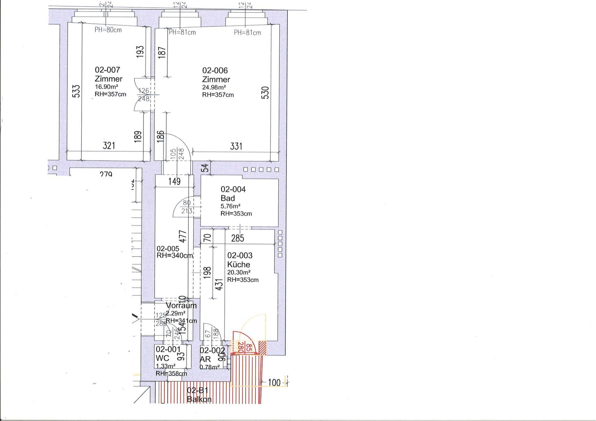 Grundriss einer Wohnung mit mehreren Zimmern, Küche, Bad und einem Balkon.