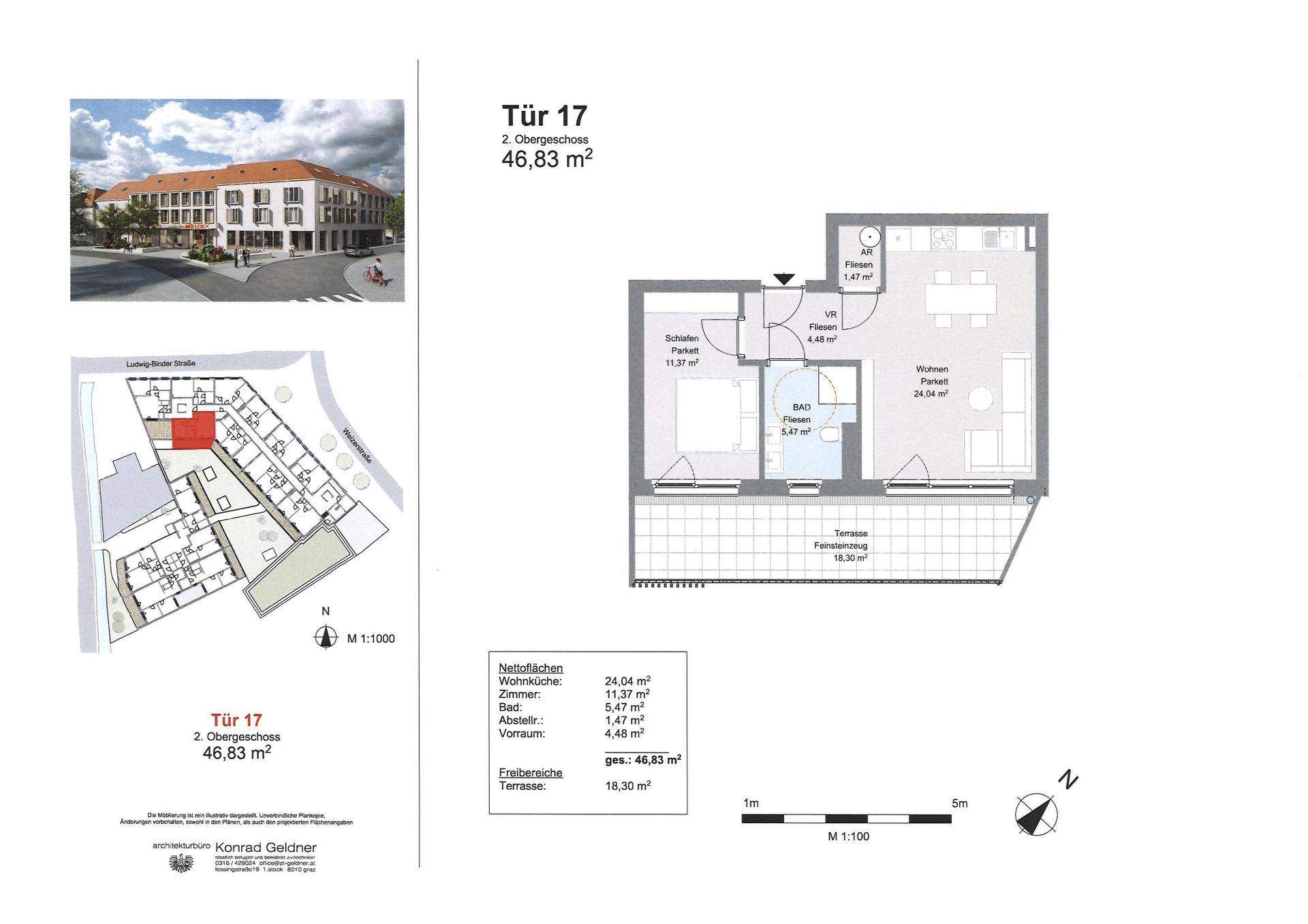 Detaillierter Grundriss der Wohnung Tür 17 im 2. Obergeschoss mit Terrasse und offenem Wohnbereich.