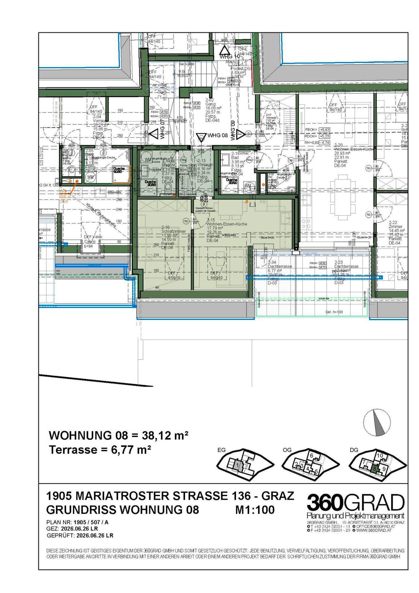 Grundriss der Wohnung 08 mit einer Terrasse, detailliert dargestellt im Maßstab 1:100.