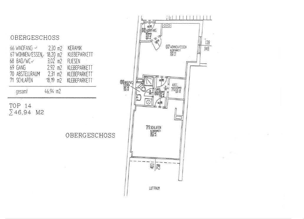 Grundriss des Obergeschosses mit Schlafzimmer, Bad und offenem Wohn-/Essbereich.