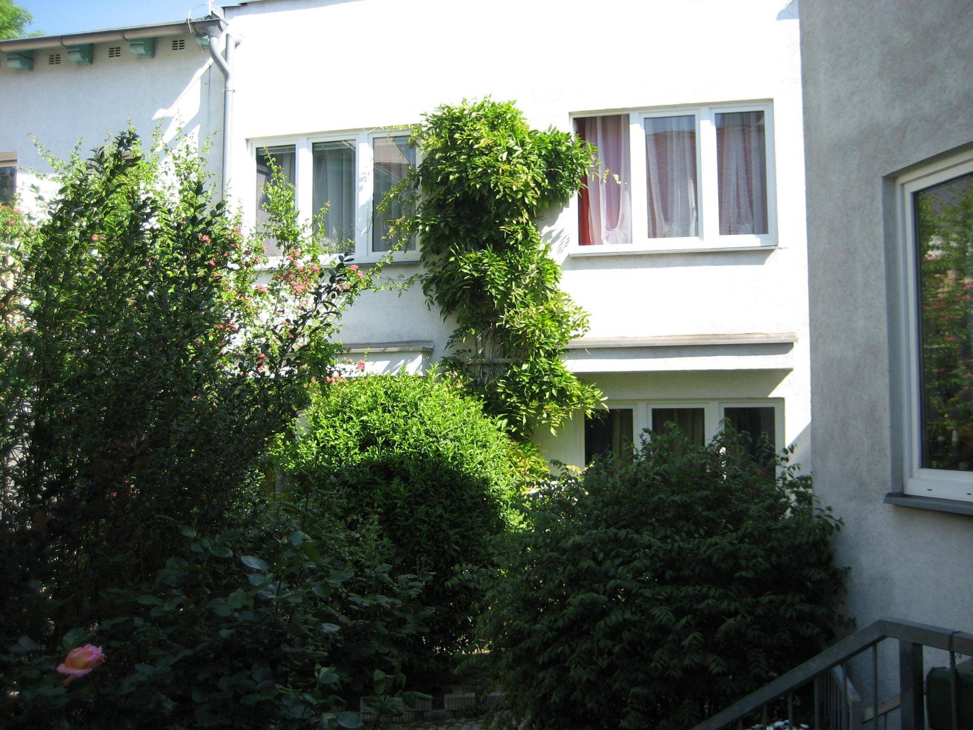 Weiße Gebäudefassade mit vielen Fenstern, umgeben von dichtem Grün und Kletterpflanzen.