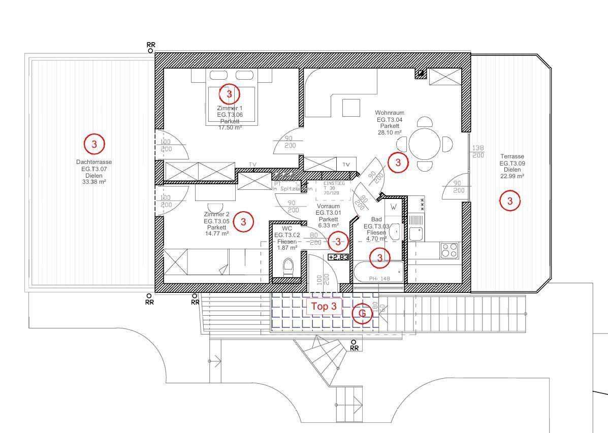 Grundriss mit offenem Wohnbereich, zwei Schlafzimmern, Bad, separatem WC, Dachterrasse und weiterer Terrasse.
