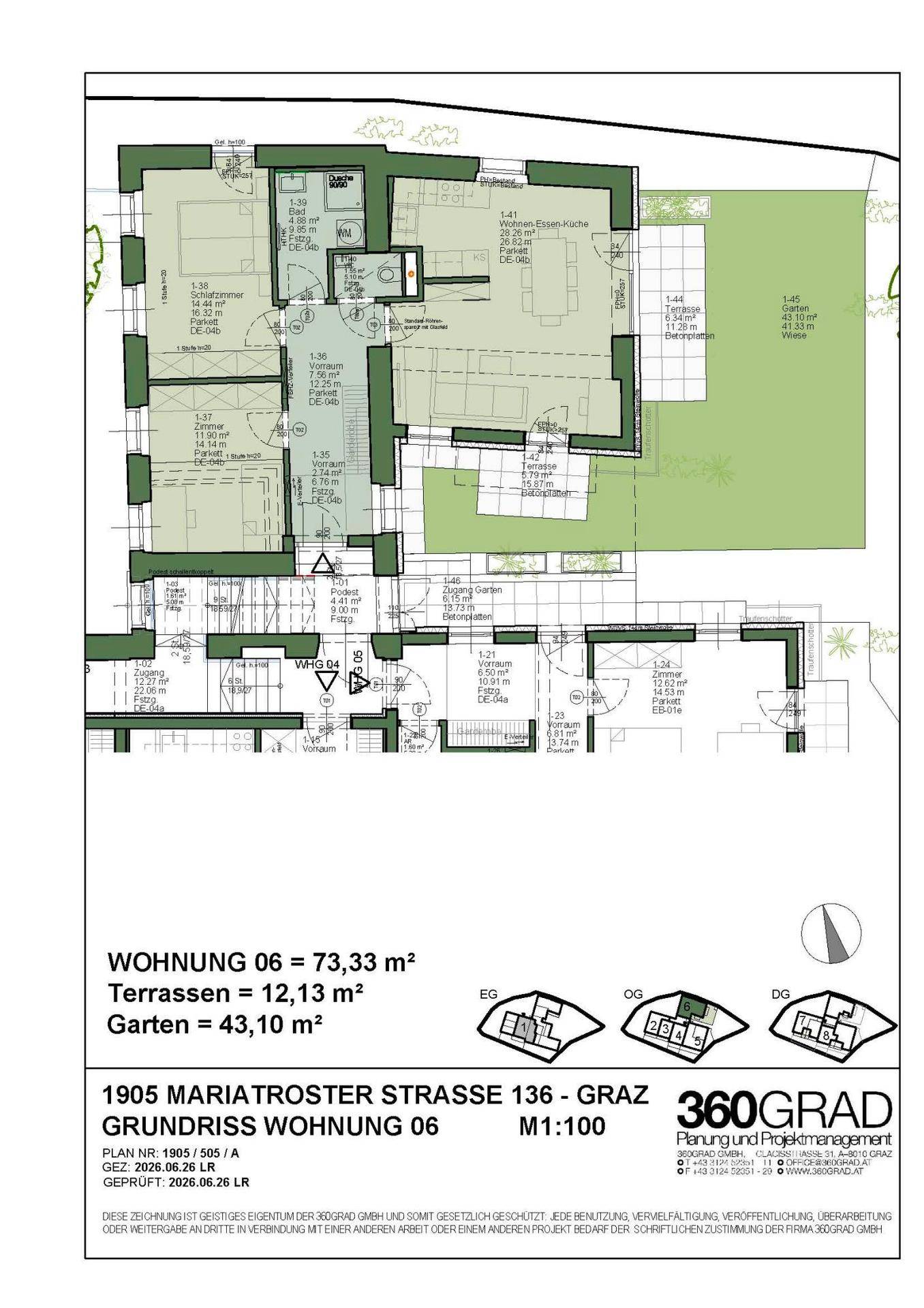 Grundriss der Wohnung 06 mit 73,33 m² Wohnfläche, Terrasse und Gartenanteil.
