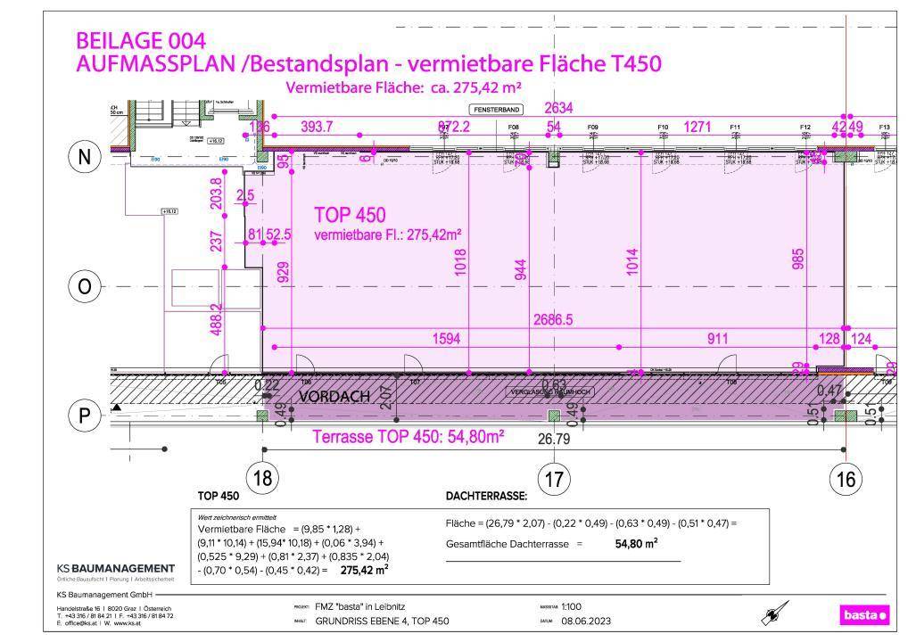 Aufmassplan für die vermietbare Fläche T450 mit einer großen Terrasse.
