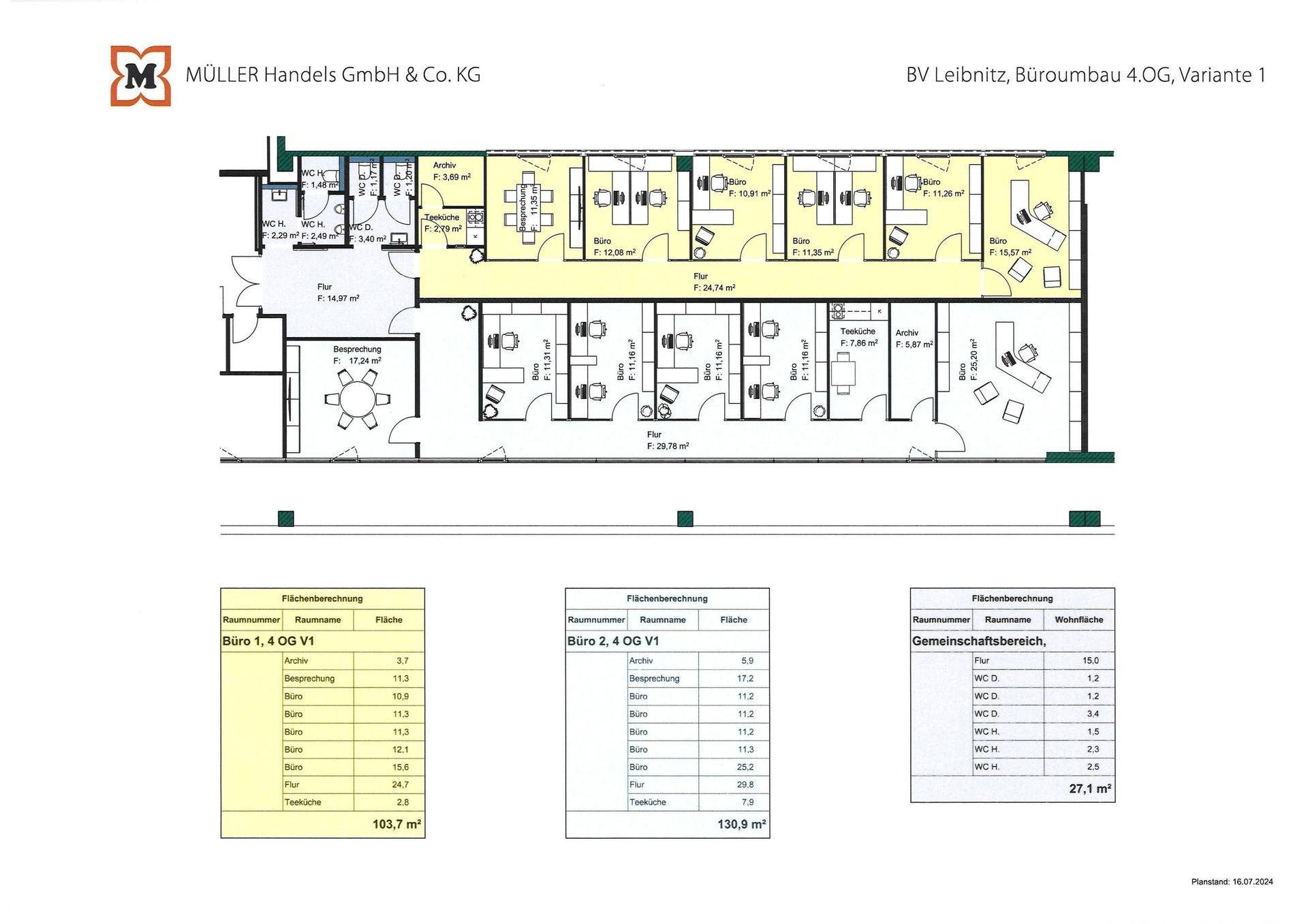 Grundrissplan für Büroräume im 4. Obergeschoss, Variante 1, mit Teeküche und Besprechungsraum.