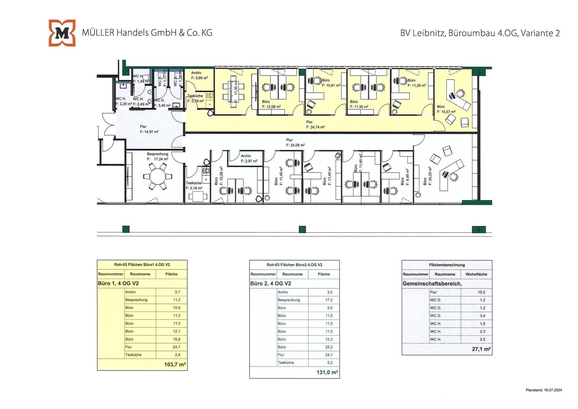 Grundrissplan für Büroräume im 4. Obergeschoss, Variante 2, mit Teeküche und Besprechungsraum.
