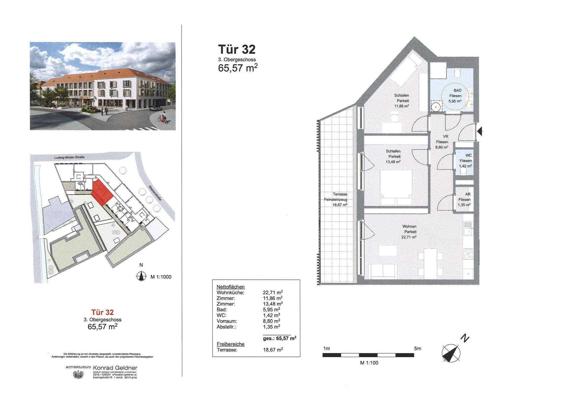 Detaillierter Grundriss der Wohnung Tür 32 im 3. Obergeschoss mit Terrasse und offenem Wohnbereich.
