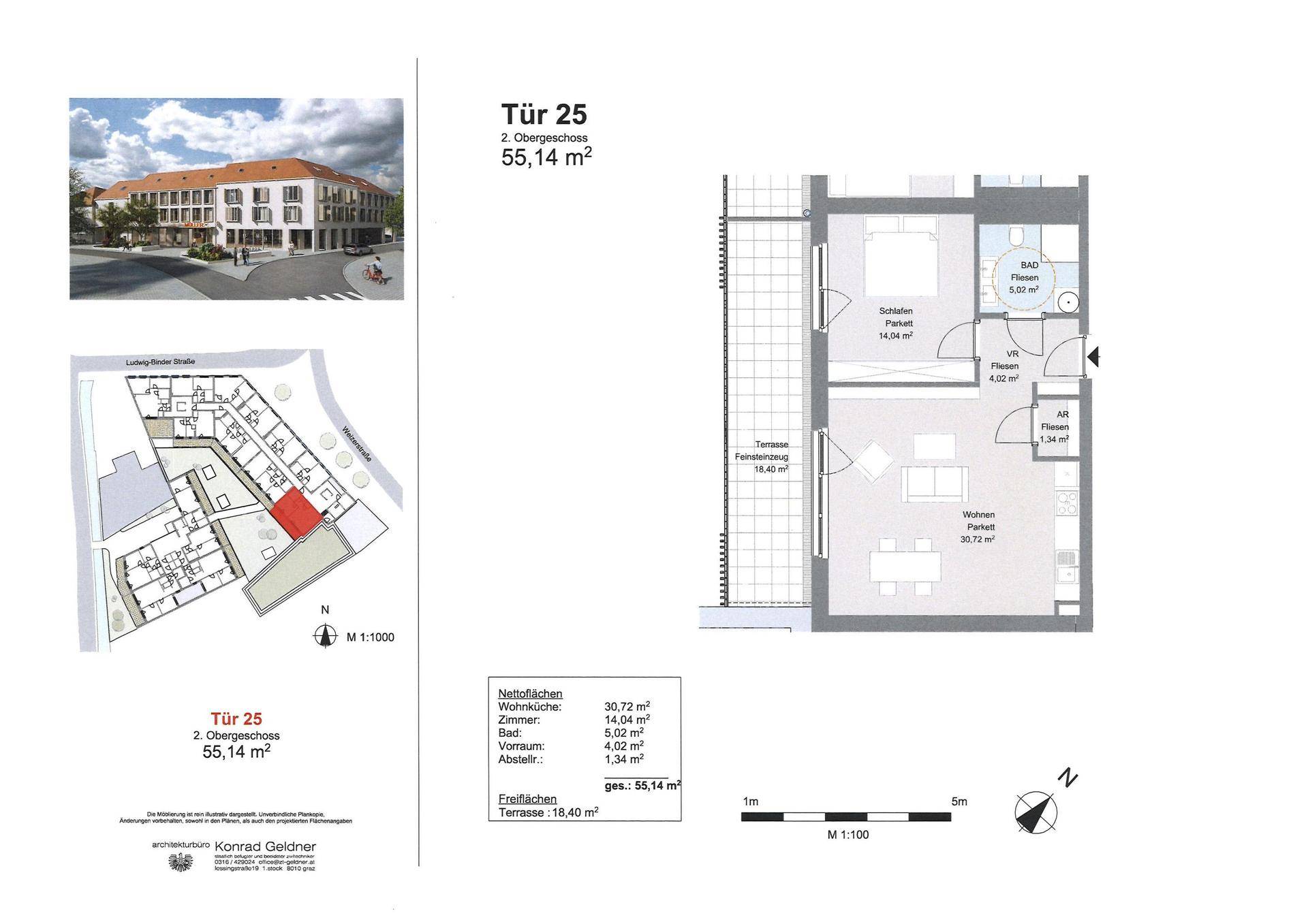 Detaillierter Grundriss für Wohnung Tür 25 mit offenem Wohnbereich und großer Terrasse.