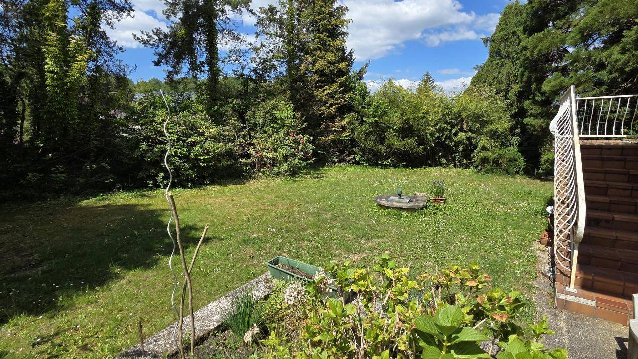 Weitläufiger Gartenbereich mit Rasenfläche und umgebenden Bäumen unter hellem Himmel.
