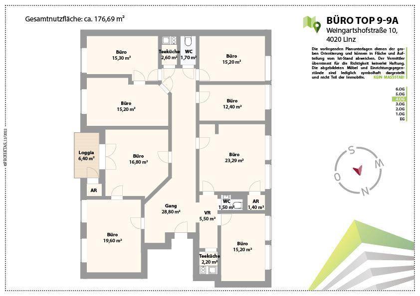 Detaillierter Grundriss eines Büros mit mehreren Räumen, Teeküchen und Loggia.