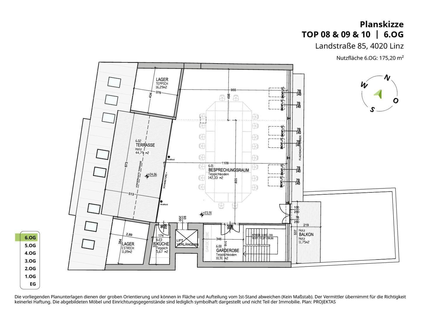 Grundriss für die 6. Etage mit großem Besprechungsraum, Terrasse, Balkon und Lagerflächen.