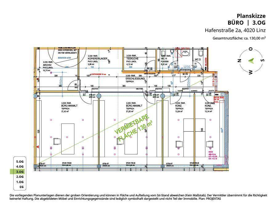 Detaillierter Grundriss eines Bürokomplexes mit mehreren Räumen und einer Gesamtfläche von 130 m².