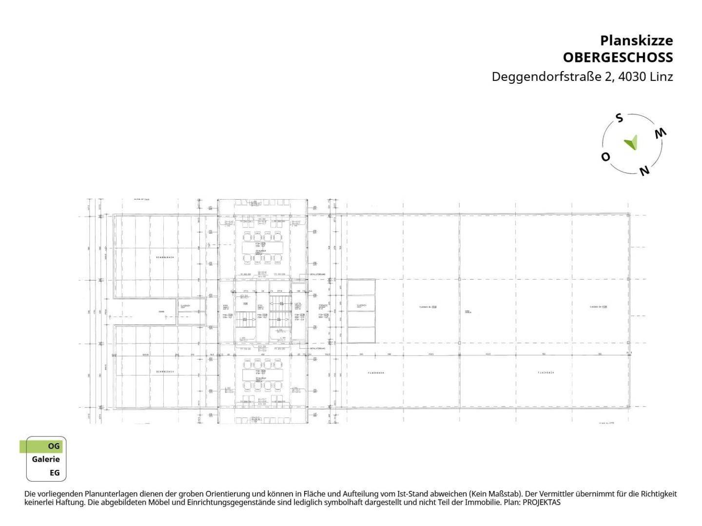 Grundriss-Skizze des Obergeschosses mit einer klaren Raumstruktur und Fensterfronten.