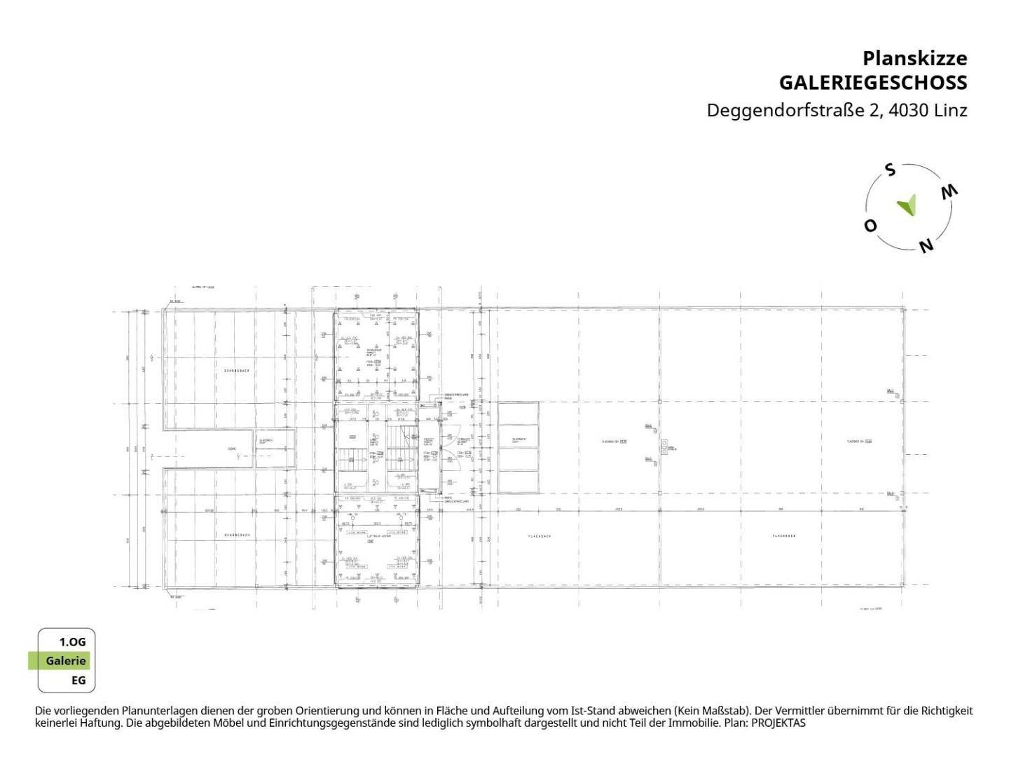 Grundriss-Skizze des Galeriegeschosses mit offener Gestaltung und einem sichtbaren Treppenhaus.