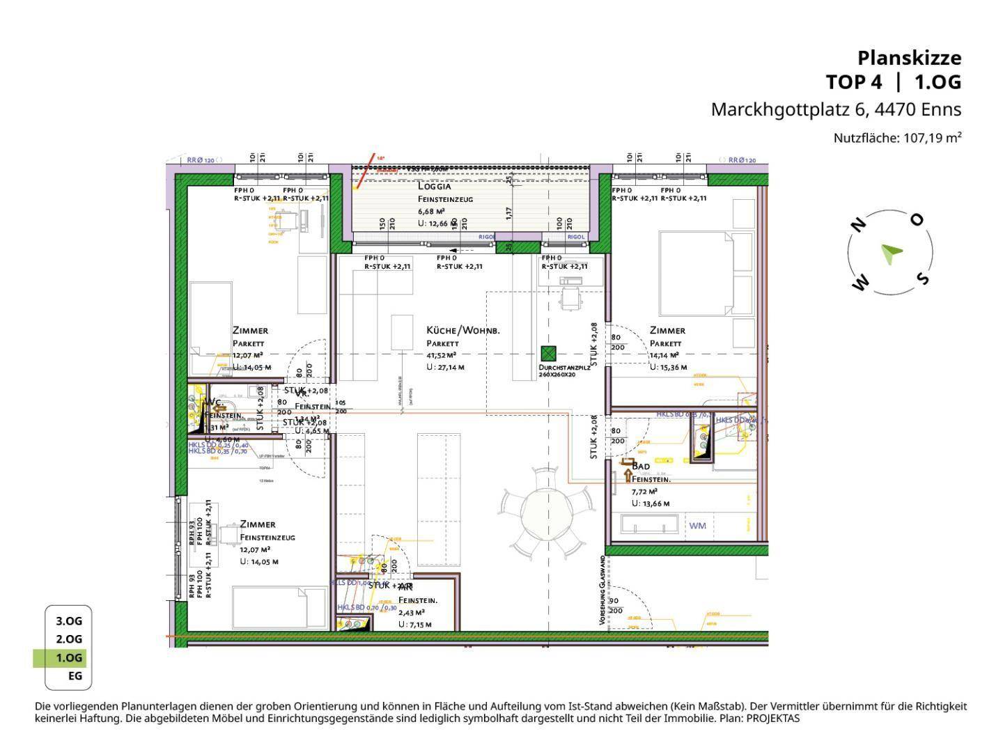 Detaillierter Grundriss einer Wohnung mit drei Zimmern, Küche und Loggia.