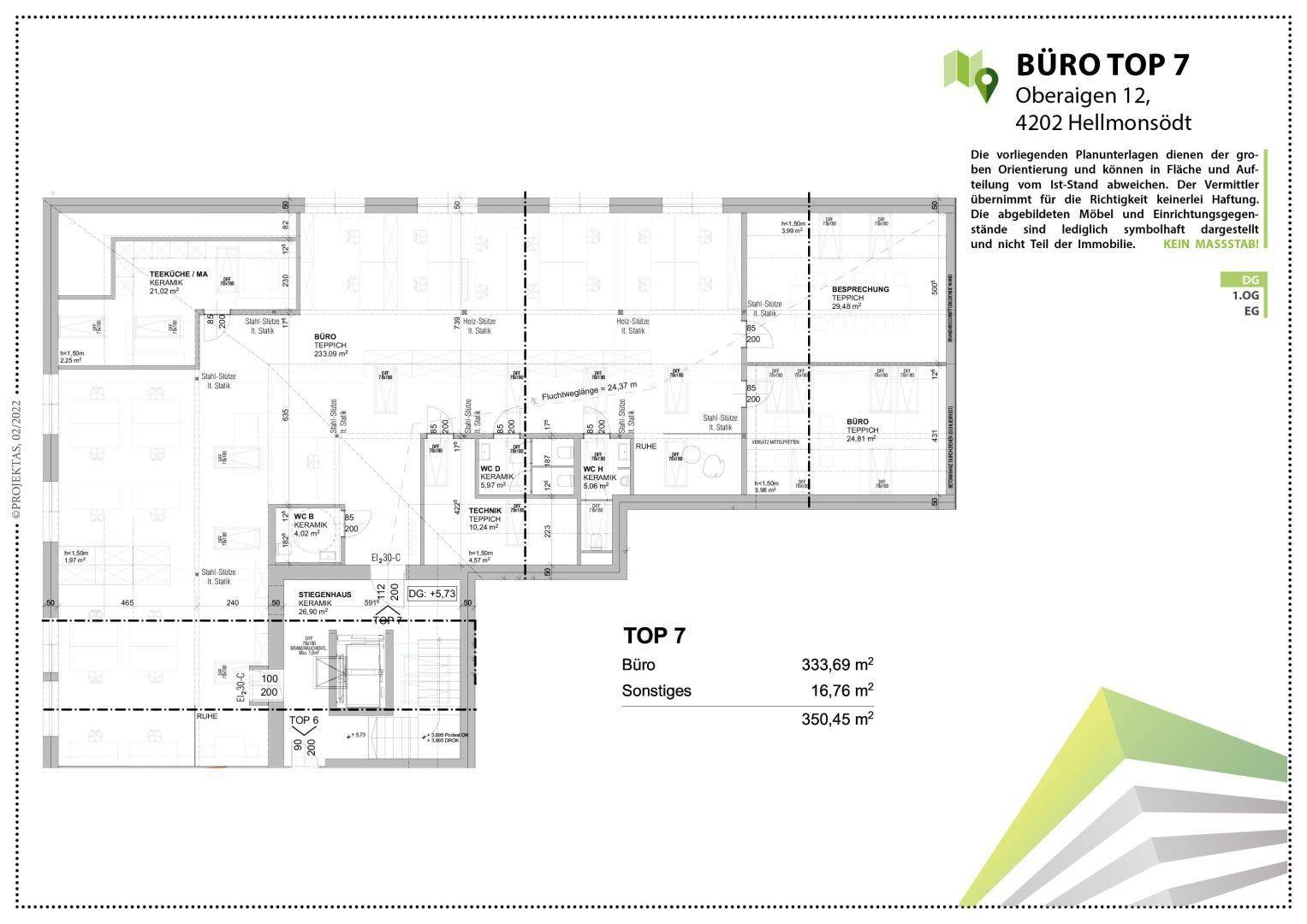 Detaillierter Grundriss des Erdgeschosses mit mehreren Büroeinheiten und Technikräumen.