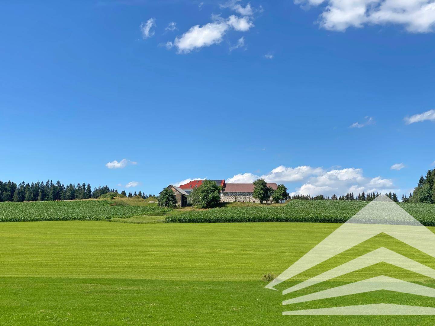 Weitläufige ländliche Landschaft mit Feldern und Wäldern, im Hintergrund ist das Anwesen sichtbar.