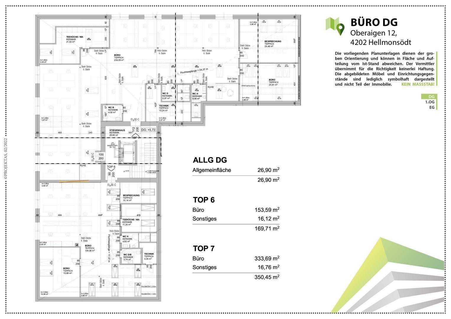 Detaillierter Grundriss des Erdgeschosses und Obergeschosses mit verschiedenen Büroeinheiten.