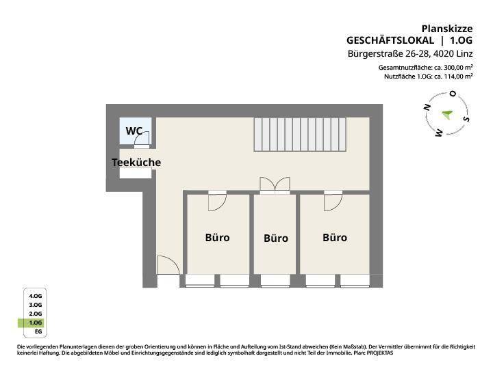 Grundriss des ersten Obergeschosses mit Teeküche, WC und drei Büroräumen.
