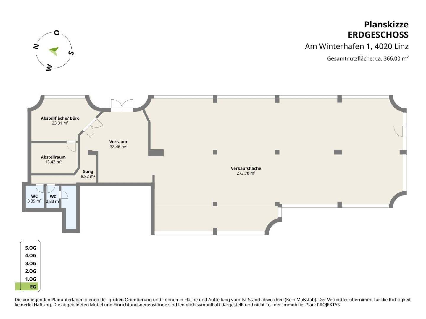 Grundriss des Erdgeschosses mit Verkaufsfläche, Abstellräumen und Sanitärbereichen, Gesamtfläche 366,00 m².