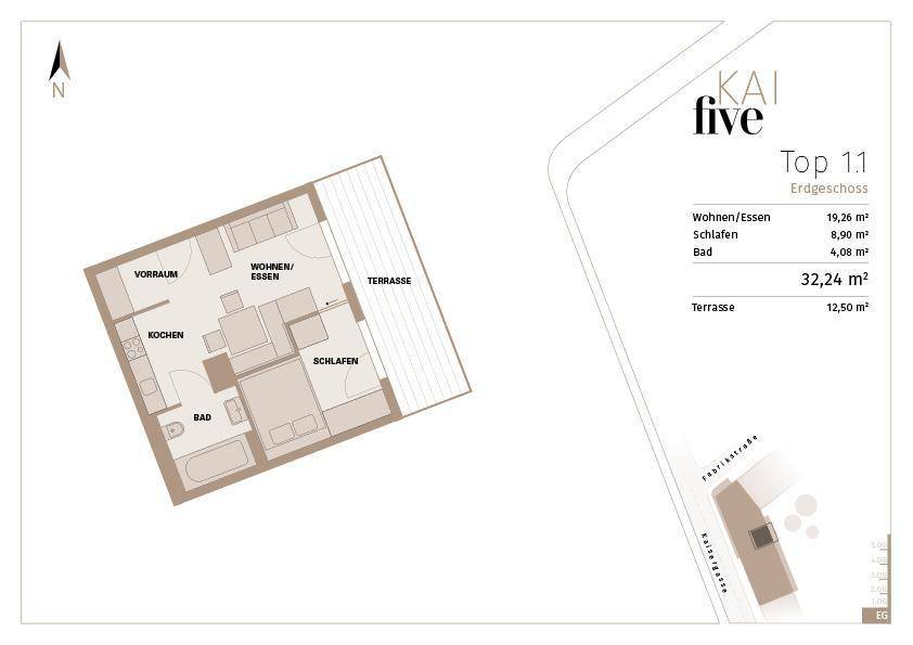 Grundriss der Erdgeschosswohnung Top 11 mit Wohn-/Essbereich, Schlafzimmer und Terrasse.
