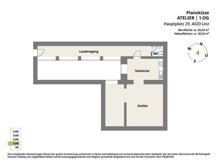 Grundriss einer Atelierwohnung im ersten Obergeschoss mit Teeküche und separatem WC.