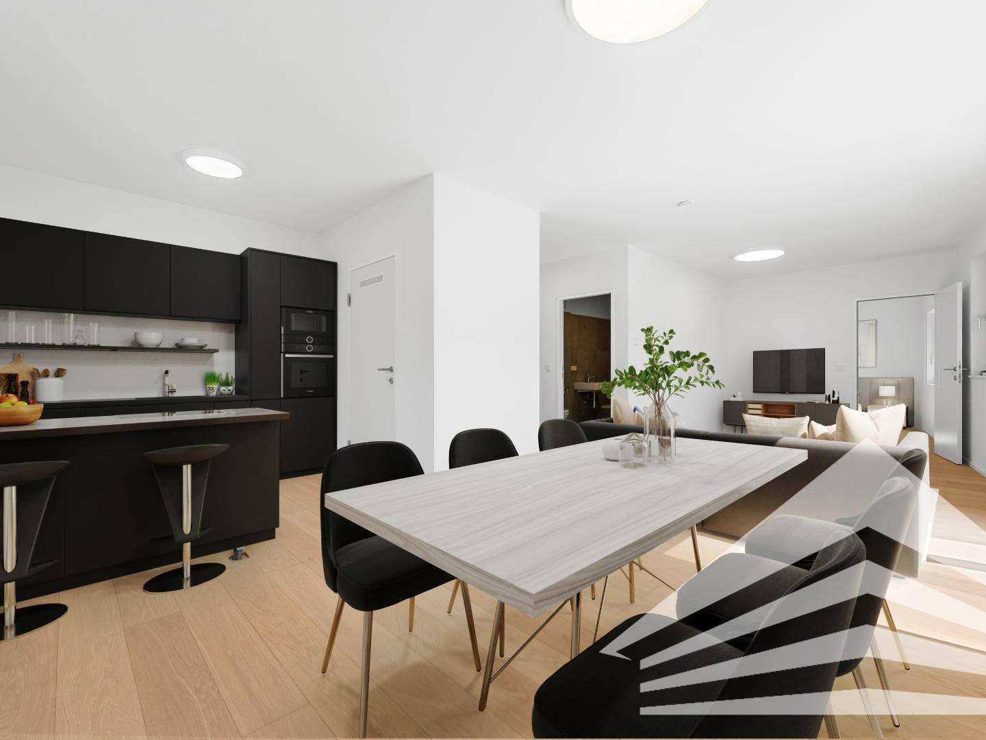 Wohn-/Esszimmer & Küche mit Möblierungsvorschlag