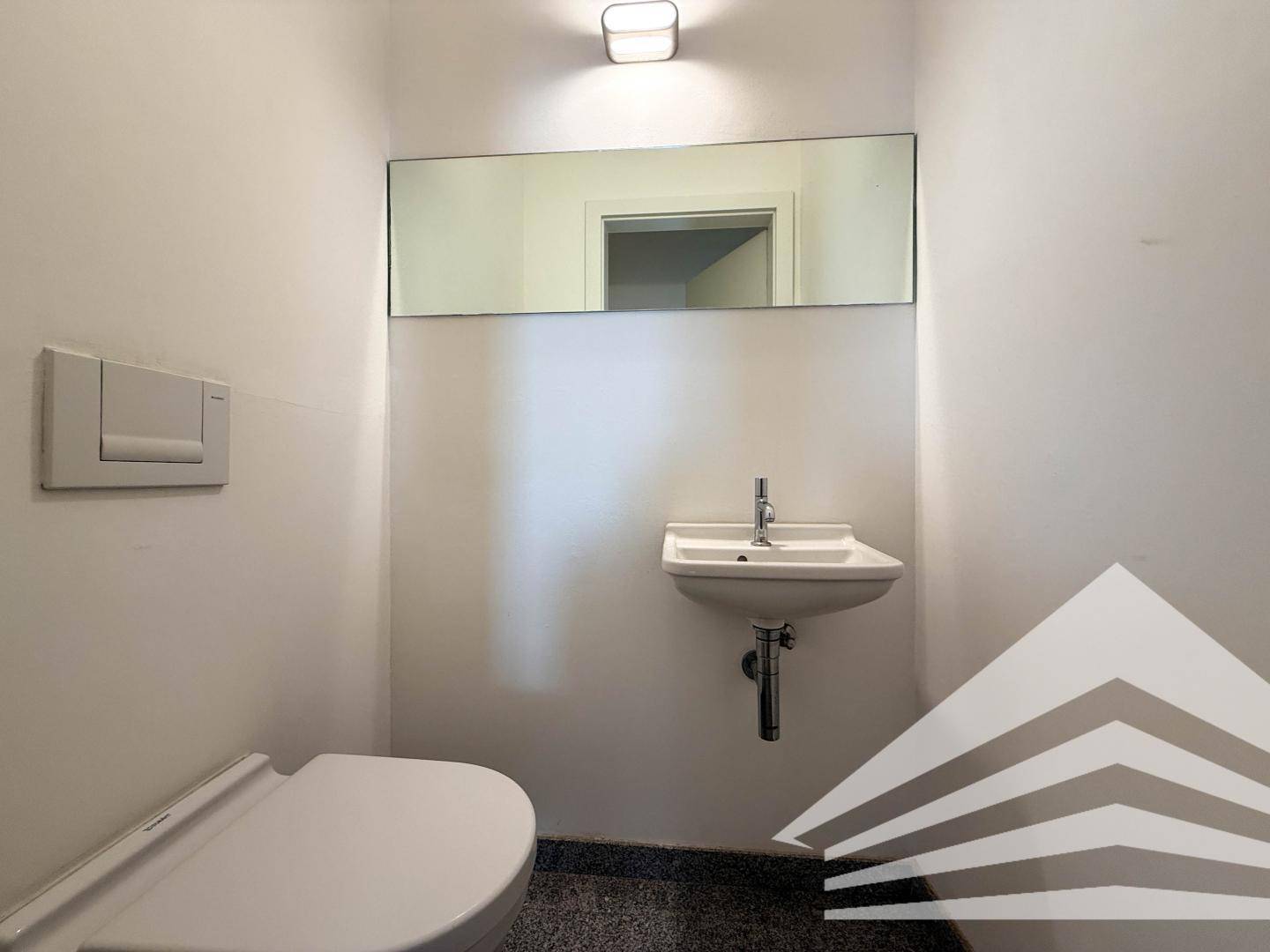 Modernes Gäste-WC mit kleinem Waschbecken, Wand-WC und großem Spiegel.