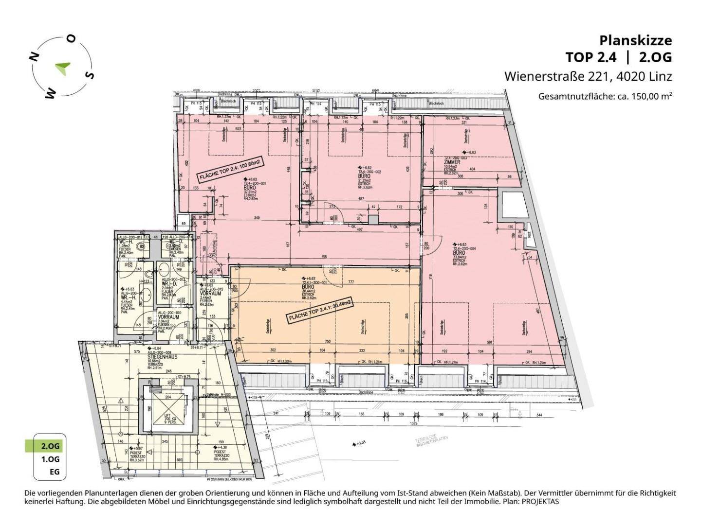 Grundrissplan für eine Wohnung im zweiten Obergeschoss mit einer Gesamtnutzfläche von 150,00 m².