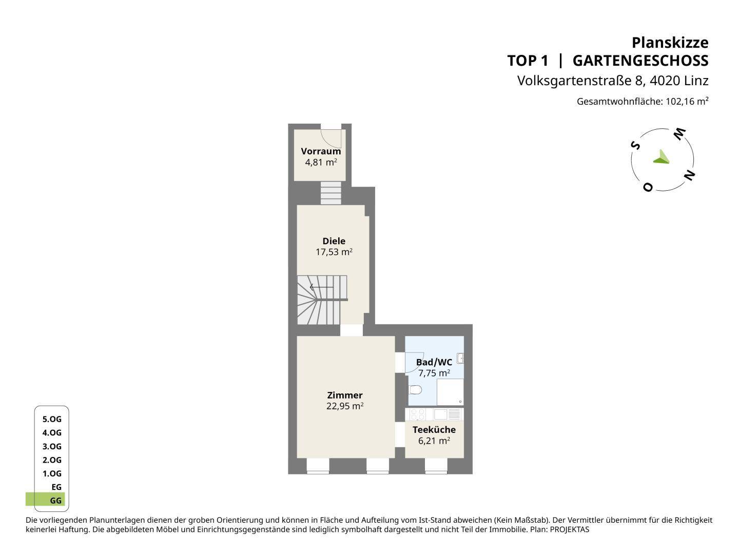 Grundriss des Gartengeschosses mit Vorraum, Diele, Zimmer, Bad/WC und Teeküche.